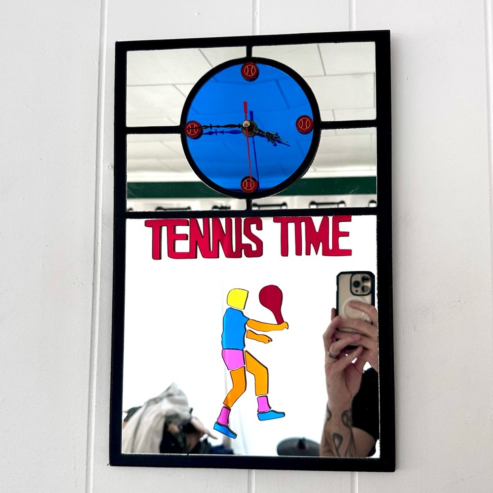 Vintage 80s Colorful Cut Glass Pop Art Tennis Mirrored Wall Clock